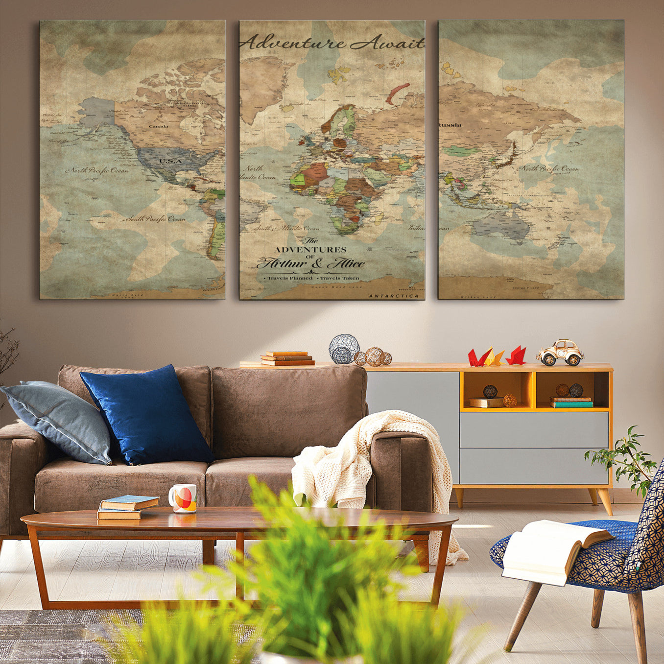 Rehber01-MGV-CV-36X24-Personalized Vintage World Map Canvas Print – Custom Push Pin Travel Map Antique Style Gift for Couples Travelers for Home Office