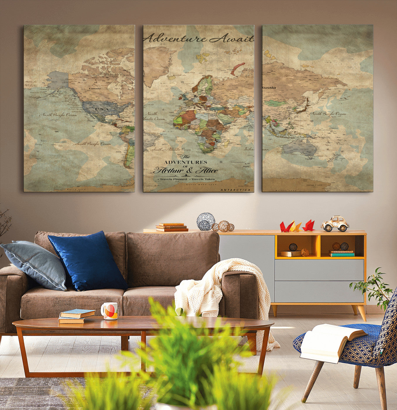 Rehber01-MGV-CV-36X24-Personalized Vintage World Map Canvas Print – Custom Push Pin Travel Map Antique Style Gift for Couples Travelers for Home Office