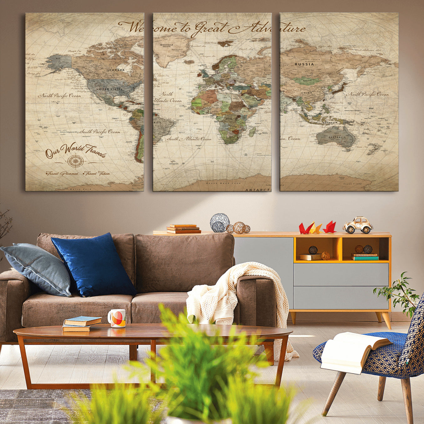 Rehber01-MGV-CV-36X24-Personalized Antique World Map Canvas Print – Custom Push Pin Travel Tracker Vintage Adventure Gift for Couples for Home, Office