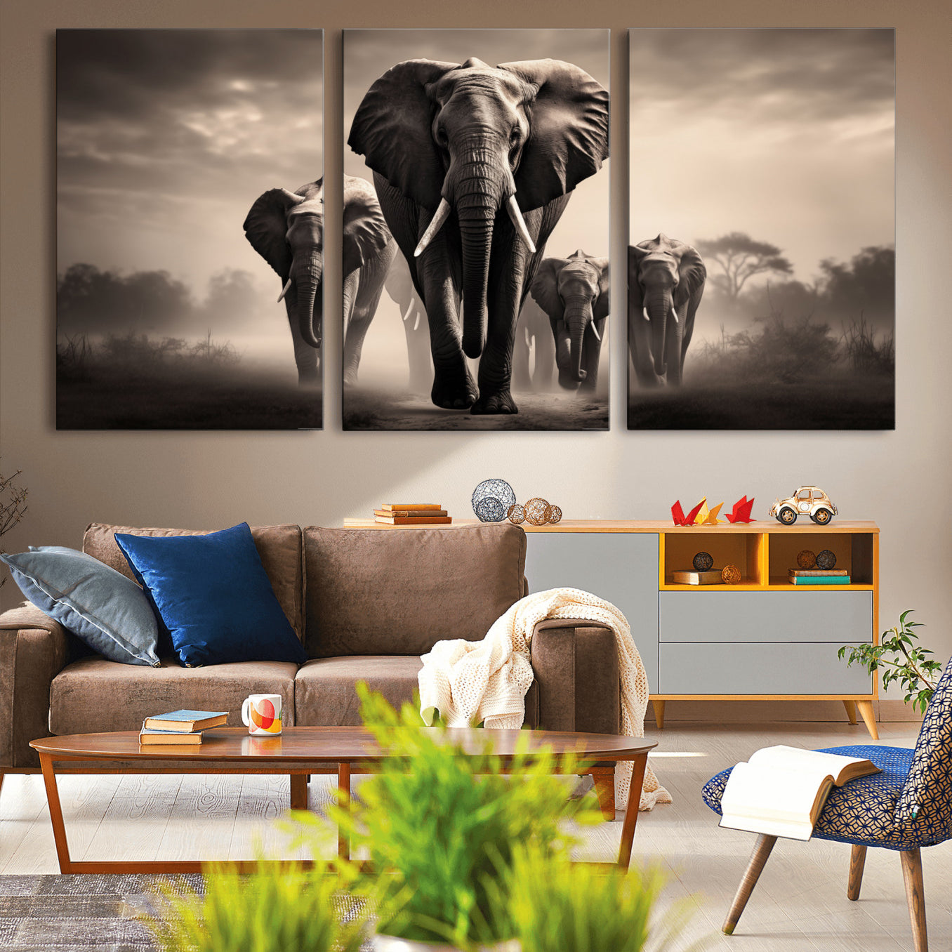 -Elephant Family Wall Art Canvas Print, Framed Elephant Wall Art Home Decor