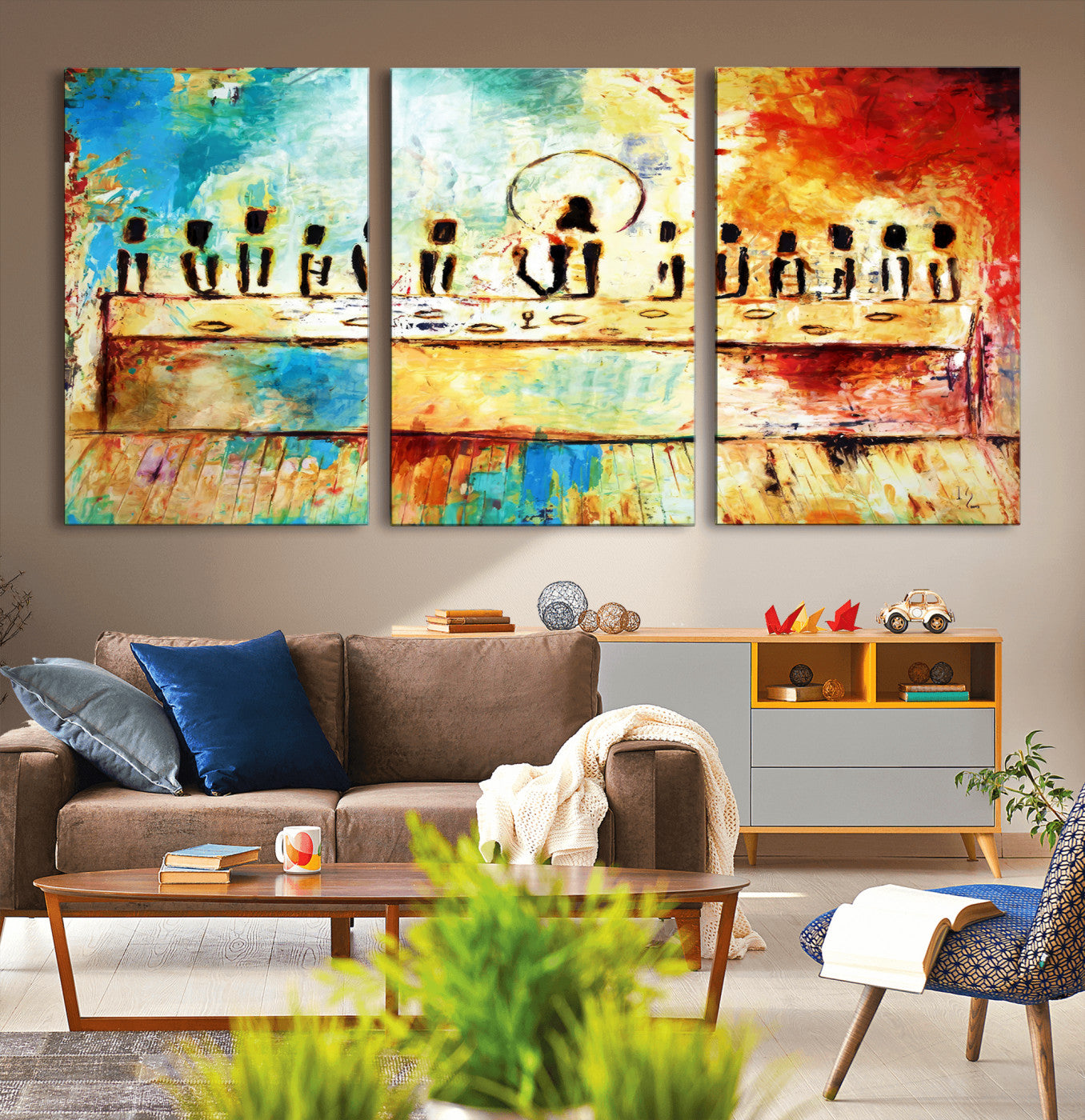 YKE34632598CR-MGV-CV-36X24-Abstract Last Supper Wall Art Canvas Print – Apostles Gathering Modern Spiritual Colorful Artwork for home, office