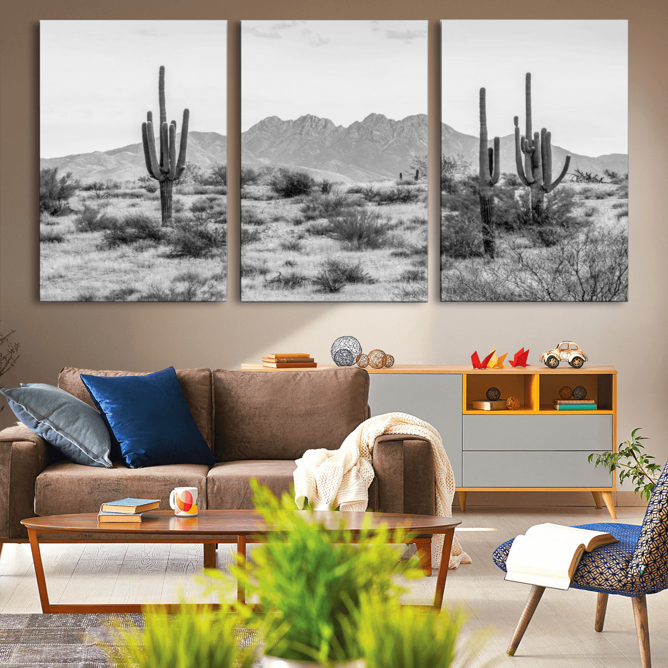 97436PHN-MGV-CV-60X30-3P-Black White Arizona Desert Canvas Wall Art Cactus Farmhouse Wall Art