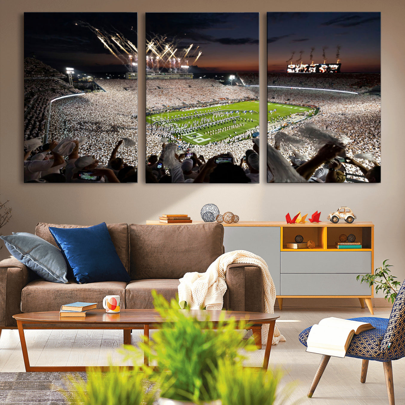 Penn State Stadium Wall Art Print, White Out Football Game Canvas Wall Art, Framed Sports Stadium, Large College Football Canvas Print for Game Room - Man Cave + 555