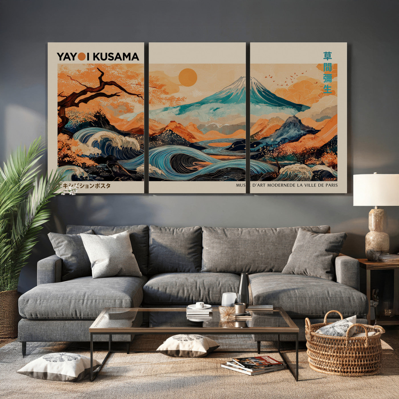 94085549-MGV-CV-36X24 - Yayoi Kusama Japanese Landscape Wall Art Canvas Print – Modern Abstract Mount Fuji Wall Art - Japanese Waves & Autumn Trees Print