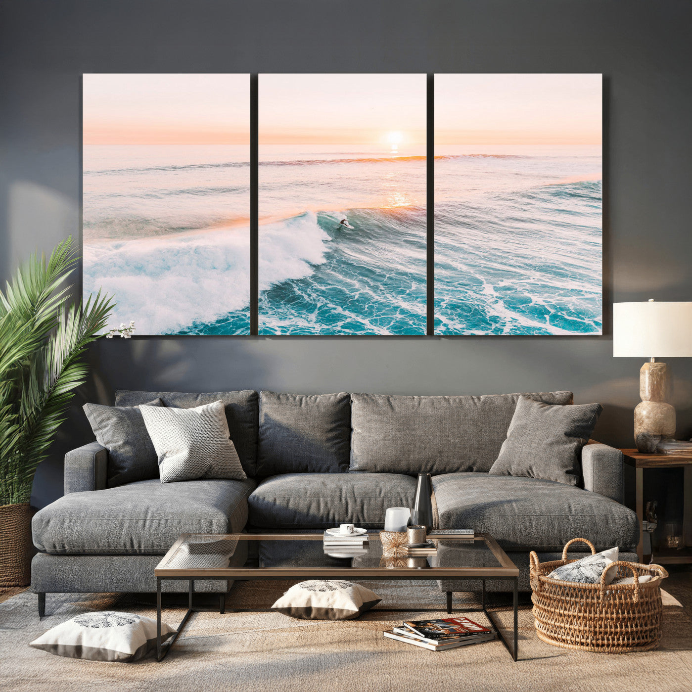 34064591-MGV-CV-36X24 - Sunset Surfing Wall Art Canvas Print, Ocean Wave Surfer with Golden Sky Artwork for Home, Office, Living Room