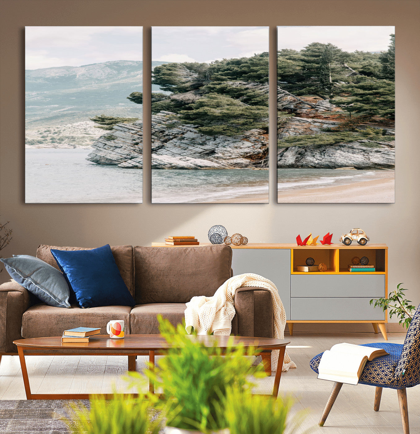 MGV-CV-60X30-3P - Coastal Rock Canvas Wall Art Print, Scenic Beach Landscape, Pine Trees on Rocky Cliff, Large Nature