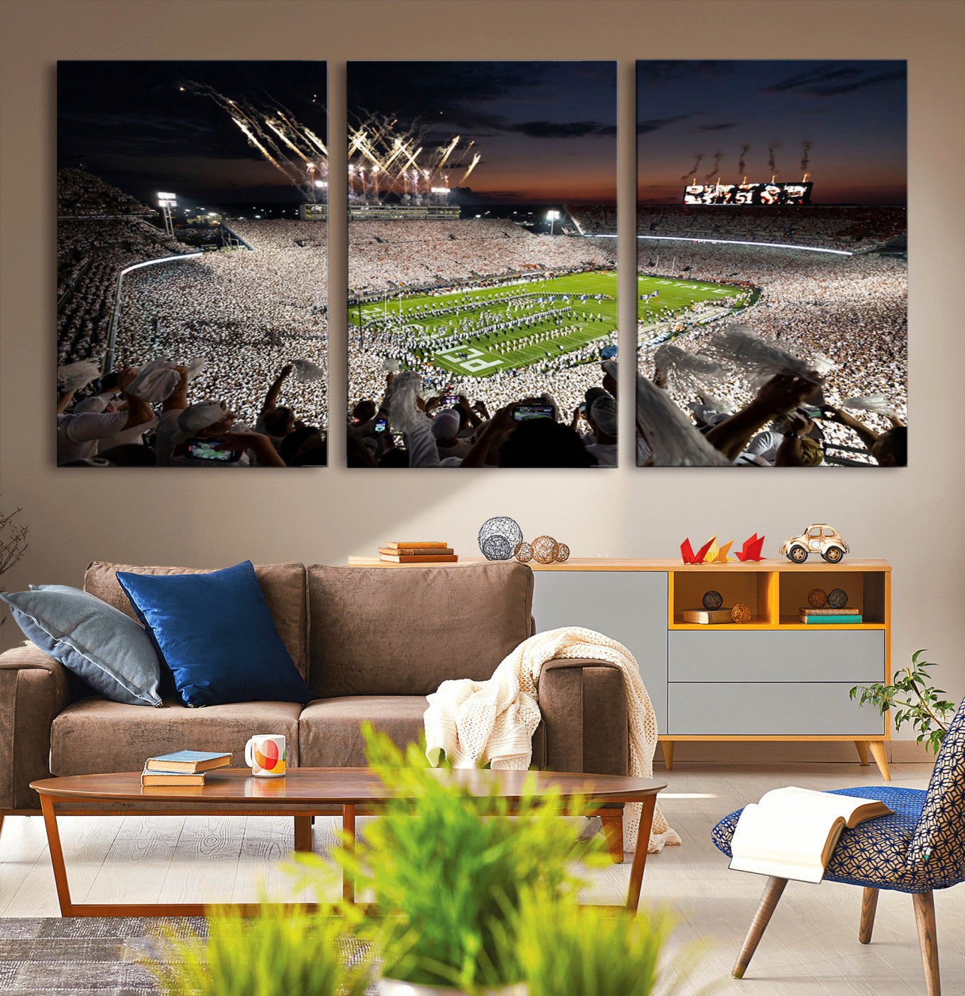 11221988-MGV-CV-60X30-3P - Epic Night Football Stadium Wall Art Canvas Print, Fireworks and Crowd Energy Game Day Excitement Decor for Home, Office