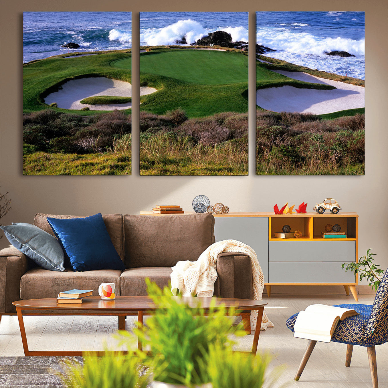22776914-MGV-CV-36X24-Ocean Cliff Golf Green Canvas Print – Framed Majestic Coastal Scene with Lush Green Artwork for Home, Office