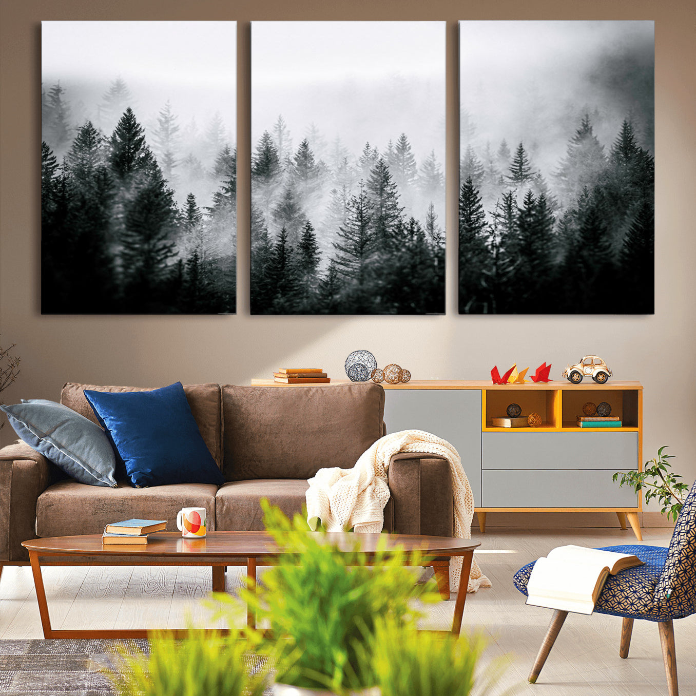MGV-CV-60X30-3P - Foggy Pine Forest Canvas Wall Art – Black and White Nature Landscape Print, Horizontal Canvas for