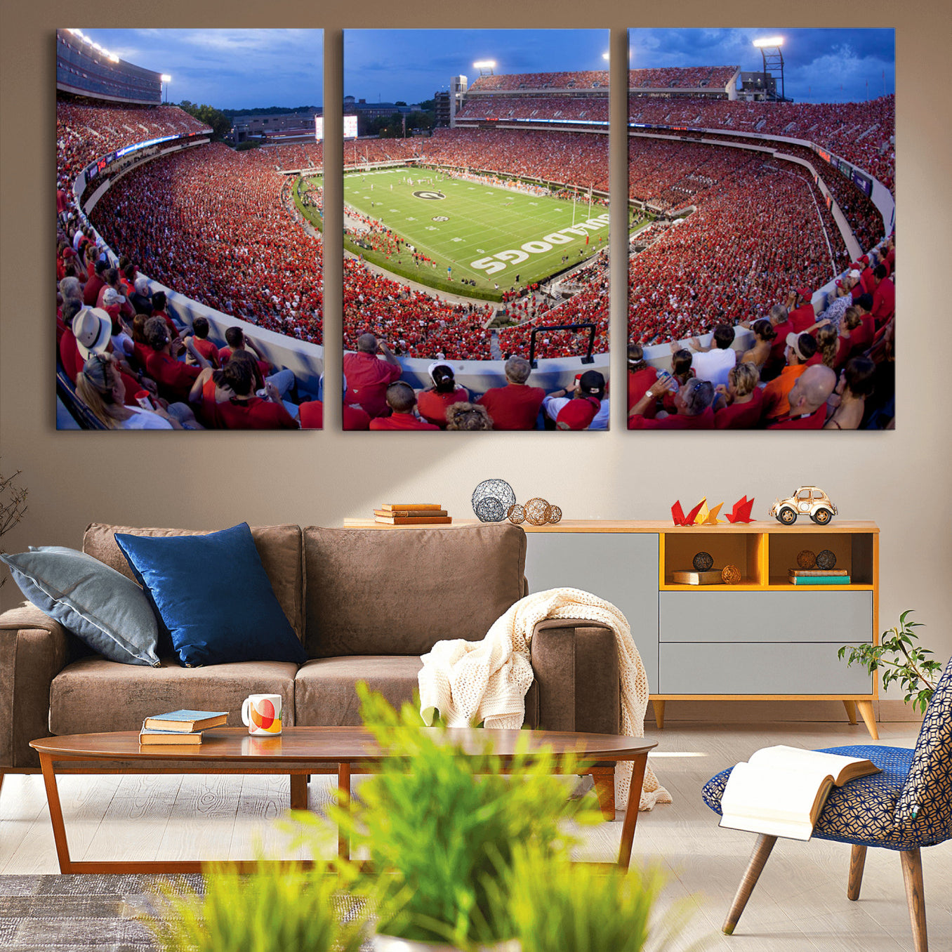 10244378-MGV-CV-48X32-3P-Dooley Stadium Wall Art Print, Sports Arena Canvas Wall Art, Dooley Field at Sanford Stadium Canvas Print, Modern Athletic Field Art Printing