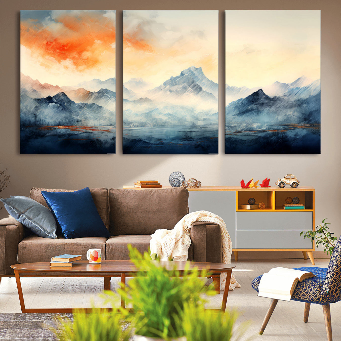 WRM1005-MGV-CV-60X30-3P - Warm Clouds Abstract Mountain Wall Art, Modern Landscape Canvas Print, Minimal Framed Artwork for Home, Office