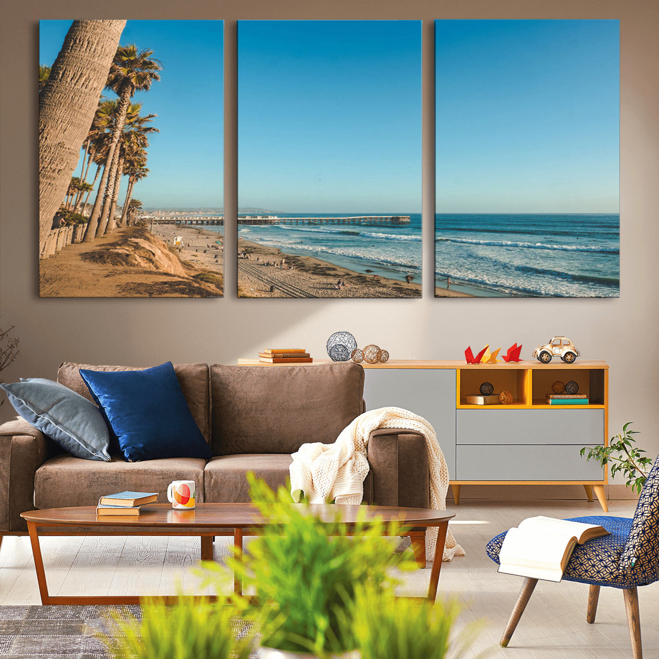 MGV-CV-60X30-3P - Scenic Beach with Tall Palm Trees, Sandy Shore, and Long Pier Stretching into the Calm Ocean Under