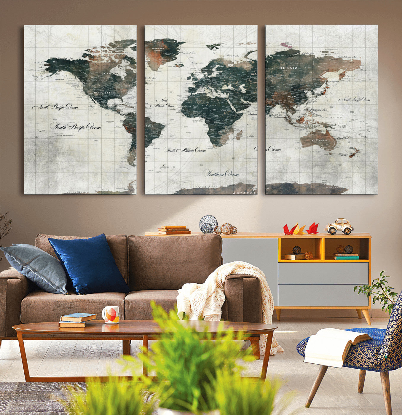 90149079-MGV-CV-60X30-3P - World Map Wall Art Canvas Print, Modern Decorative Framed Map Artwork Prints for Living Room, Office, Bedroom Wall Decor