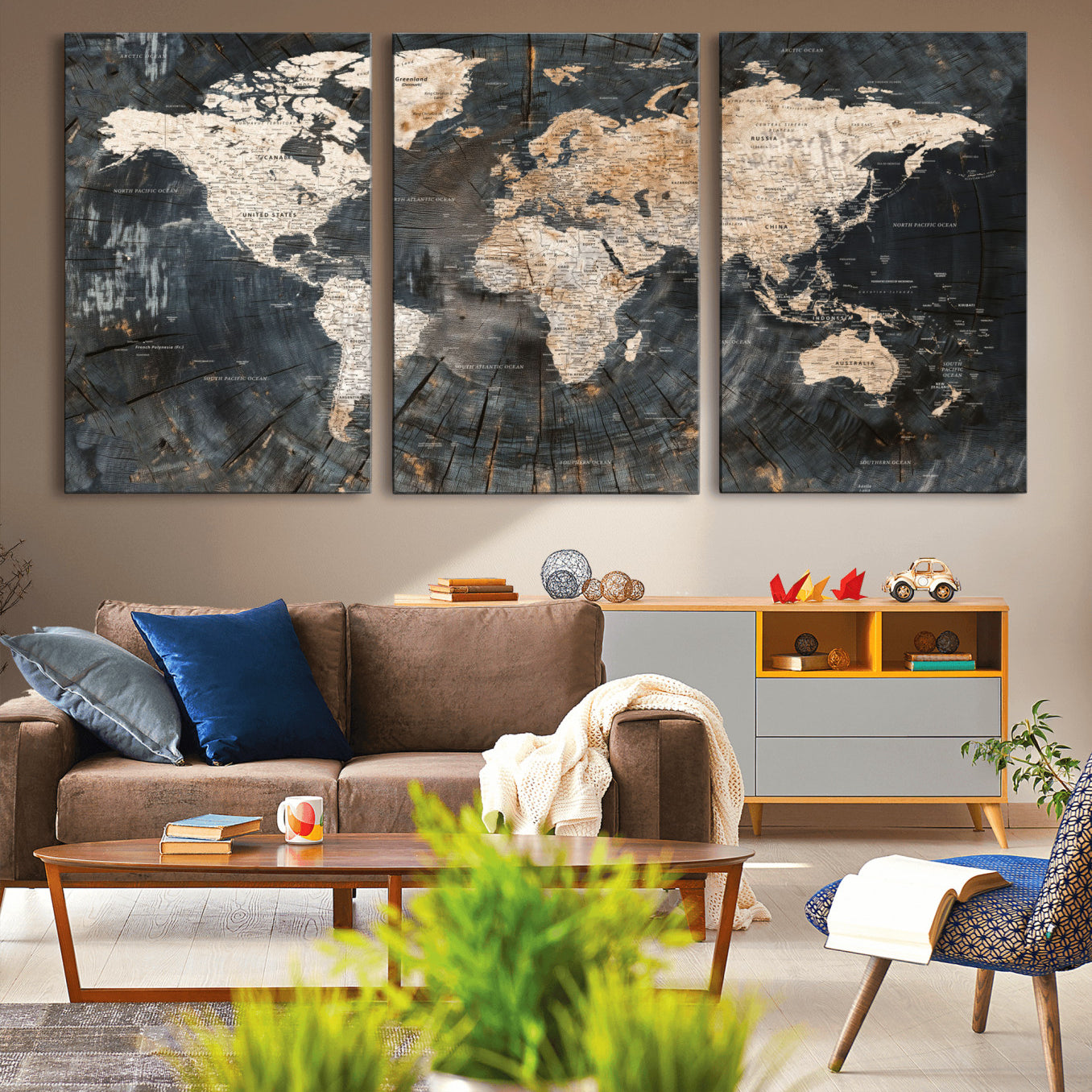 57626704-MGV-CV-60X30-3P - World Map Wall Art Canvas Print, Modern Decorative Framed Map Artwork Prints for Living Room, Office, Bedroom Wall Decor