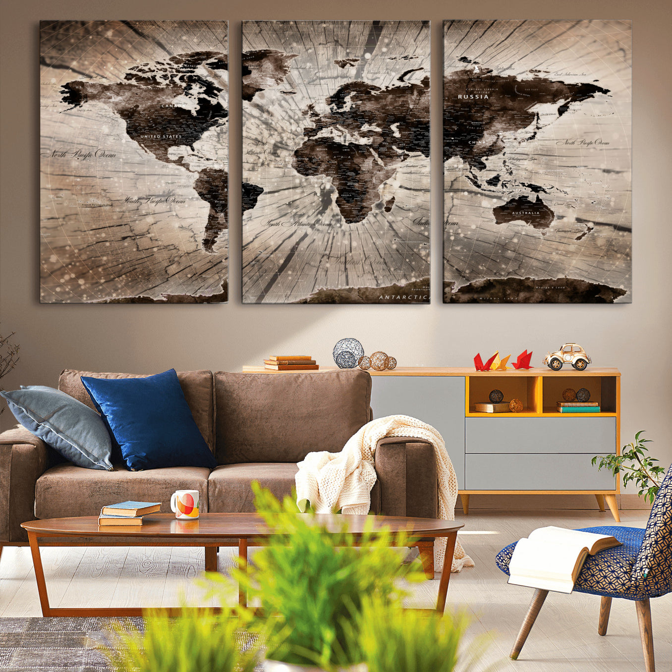 35326624-MGV-CV-60X30-3P - World Map Wall Art Canvas Print, Modern Decorative Framed Map Artwork Prints for Living Room, Office, Bedroom Wall Decor