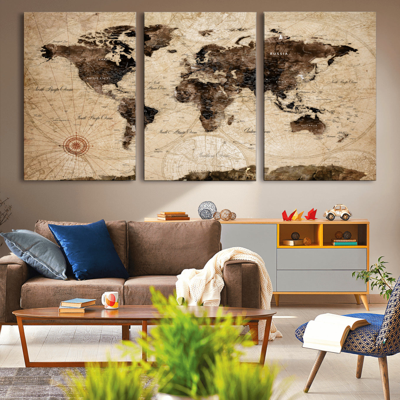 97114757-MGV-CV-60X30-3P - World Map Wall Art Canvas Print, Modern Decorative Framed Map Artwork Prints for Living Room, Office, Bedroom Wall Decor