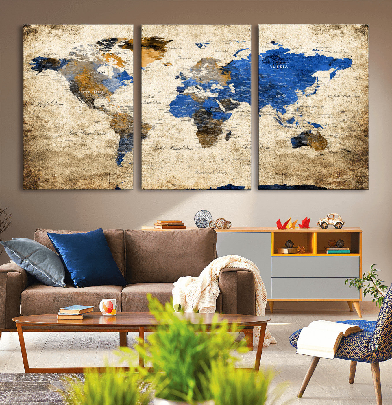 13564339-MGV-CV-60X30-3P - World Map Wall Art Canvas Print, Modern Decorative Framed Map Artwork Prints for Living Room, Office, Bedroom Wall Decor