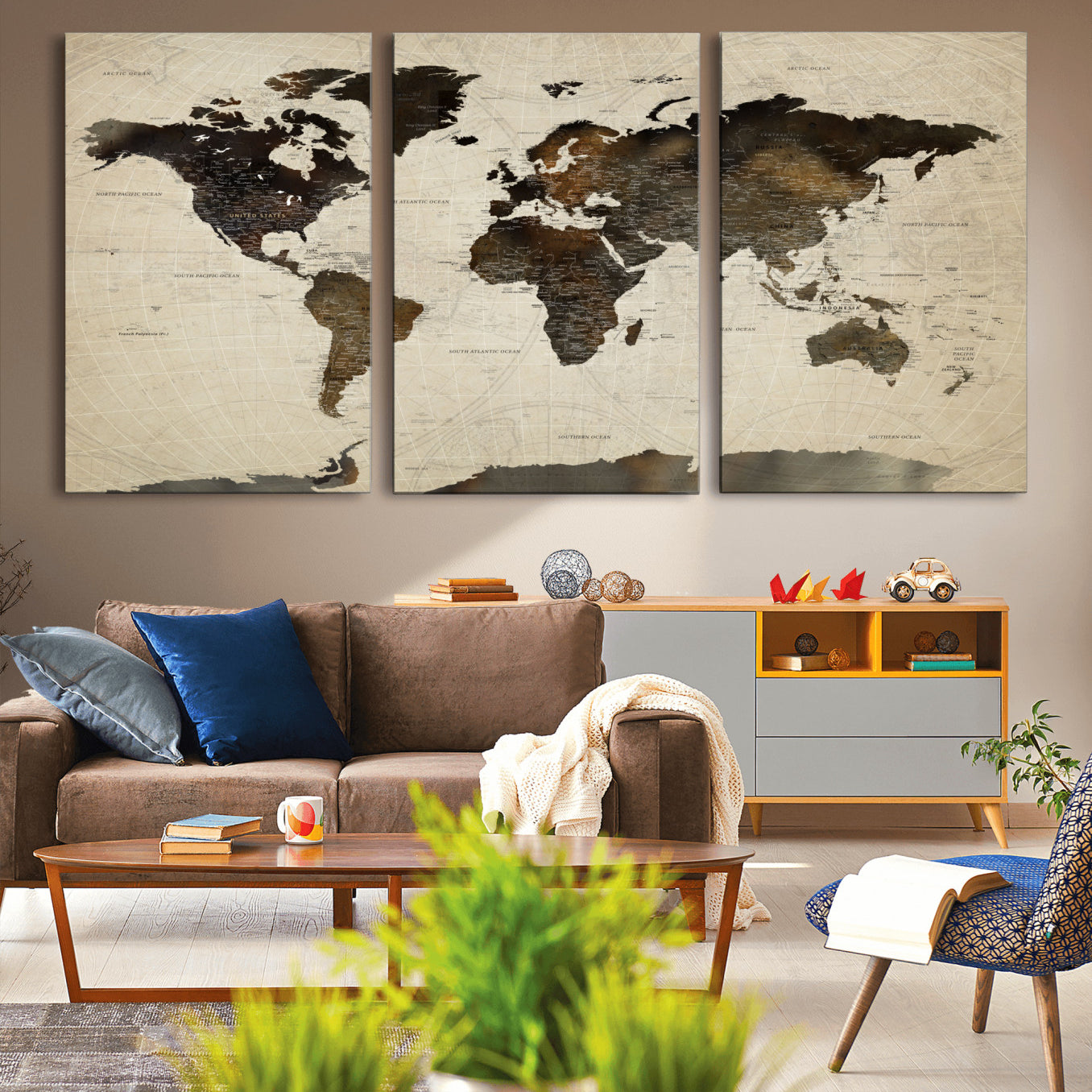 81771296-MGV-CV-60X30-3P - World Map Wall Art Canvas Print, Modern Decorative Framed Map Artwork Prints for Living Room, Office, Bedroom Wall Decor