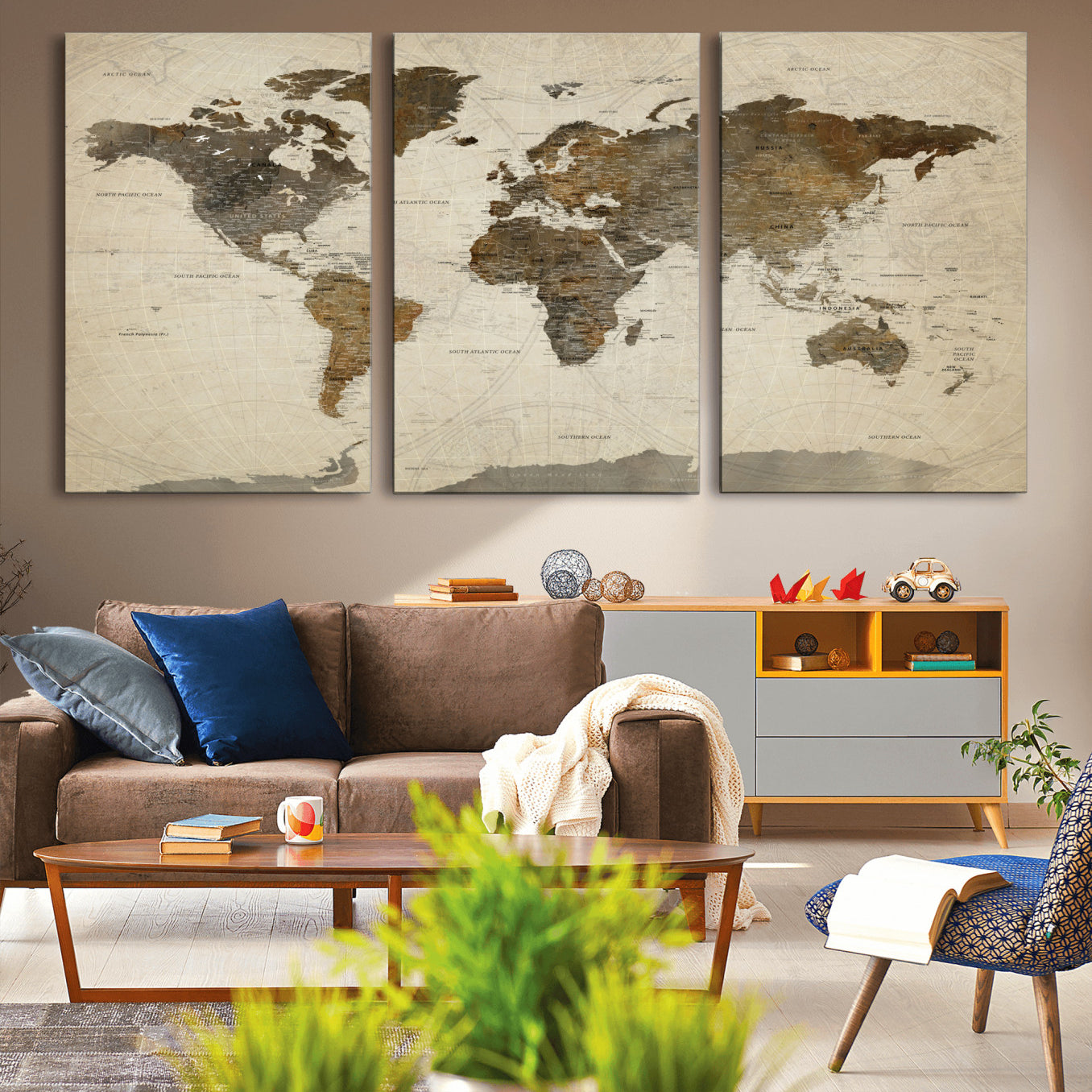 91849163-MGV-CV-60X30-3P - World Map Wall Art Canvas Print, Modern Decorative Framed Map Artwork Prints for Living Room, Office, Bedroom Wall Decor