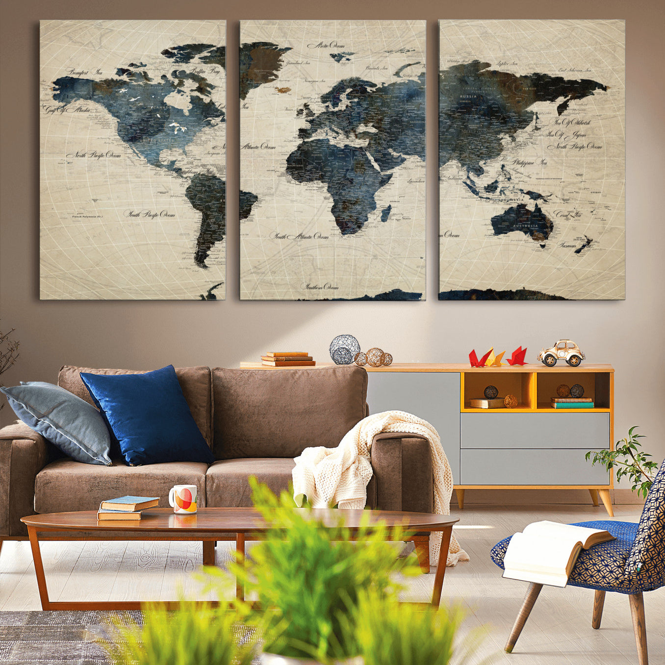 33438443-MGV-CV-60X30-3P - World Map Wall Art Canvas Print, Modern Decorative Framed Map Artwork Prints for Living Room, Office, Bedroom Wall Decor