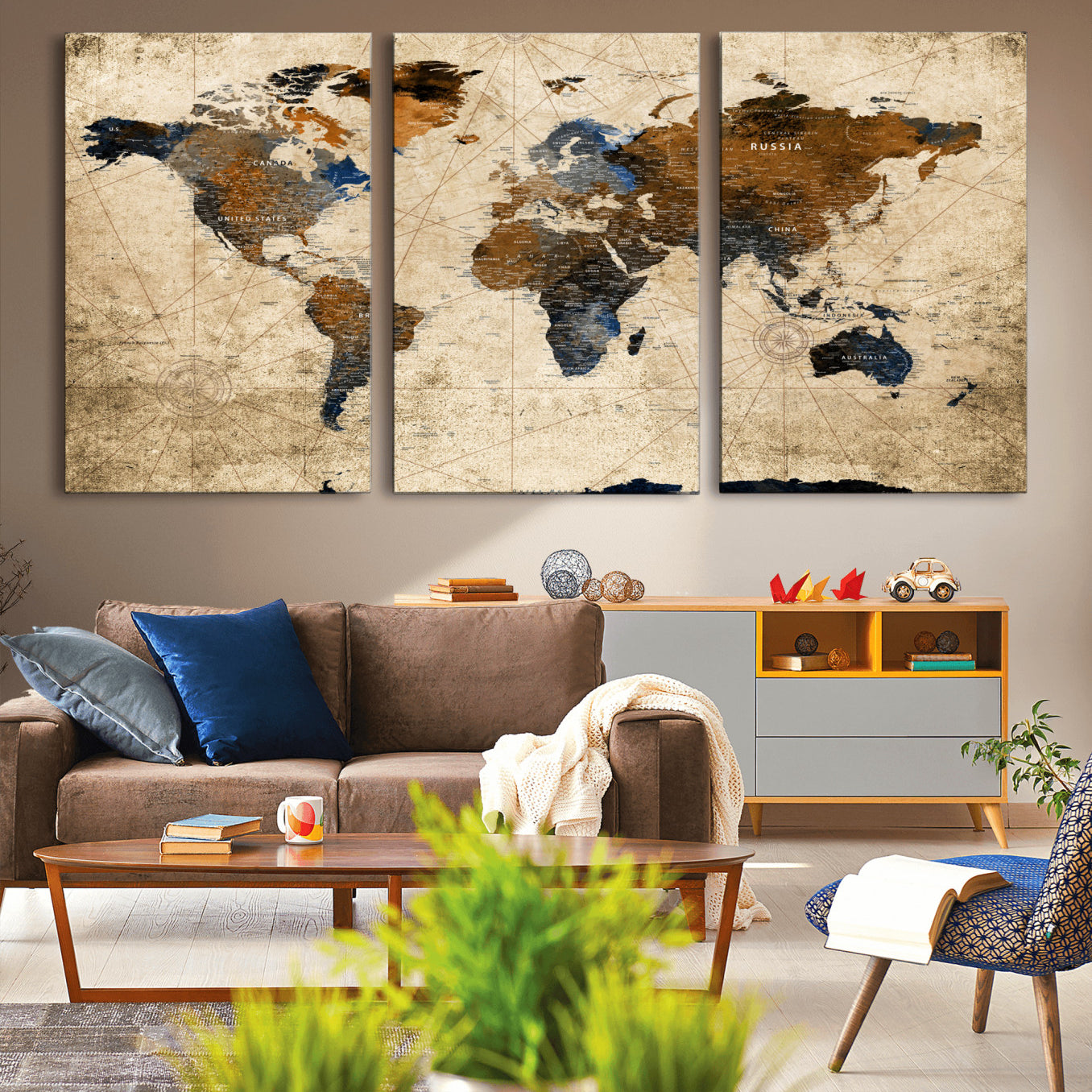 56297284-MGV-CV-60X30-3P - World Map Wall Art Canvas Print, Modern Decorative Framed Map Artwork Prints for Living Room, Office, Bedroom Wall Decor