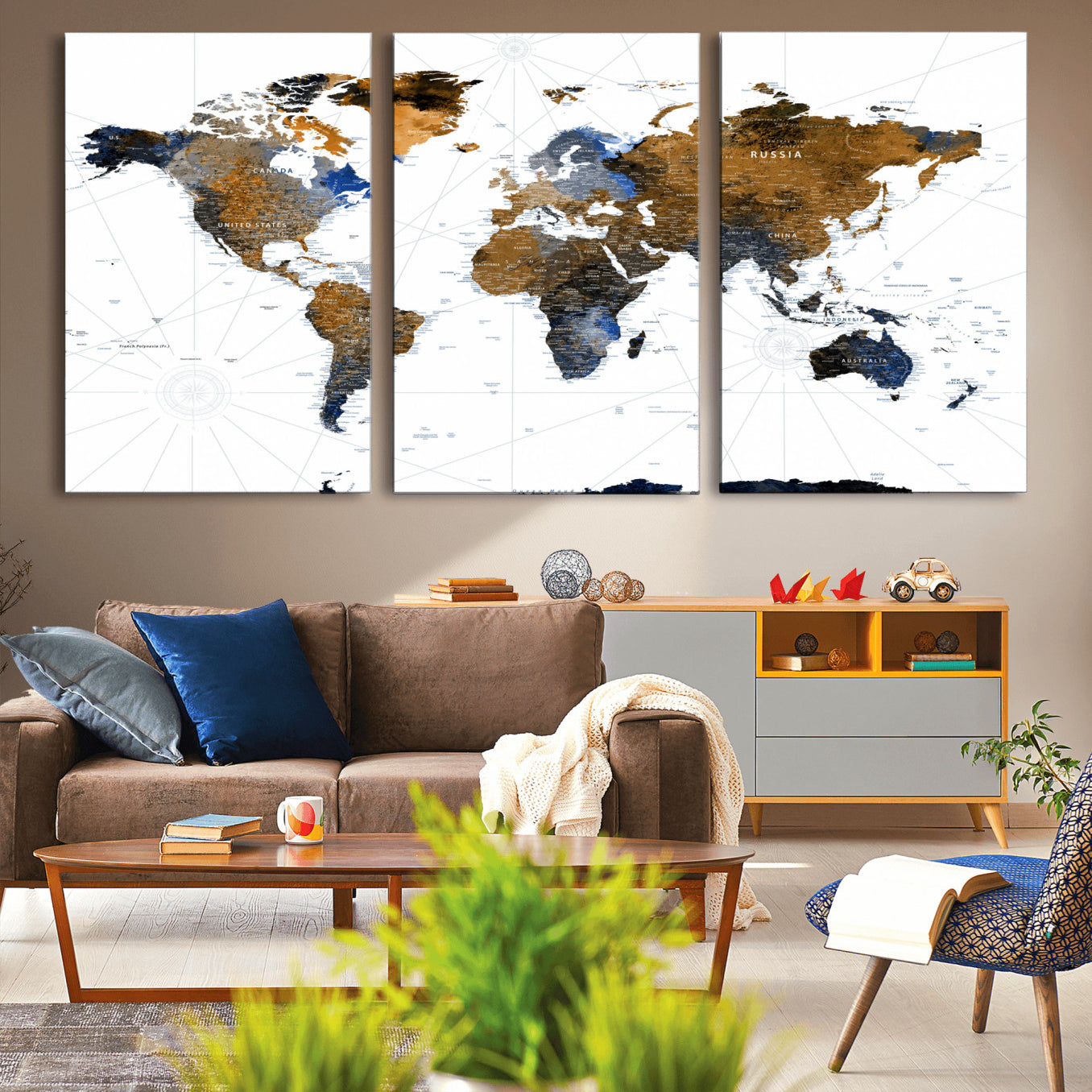 40862517-MGV-CV-60X30-3P - World Map Wall Art Canvas Print, Modern Decorative Framed Map Artwork Prints for Living Room, Office, Bedroom Wall Decor