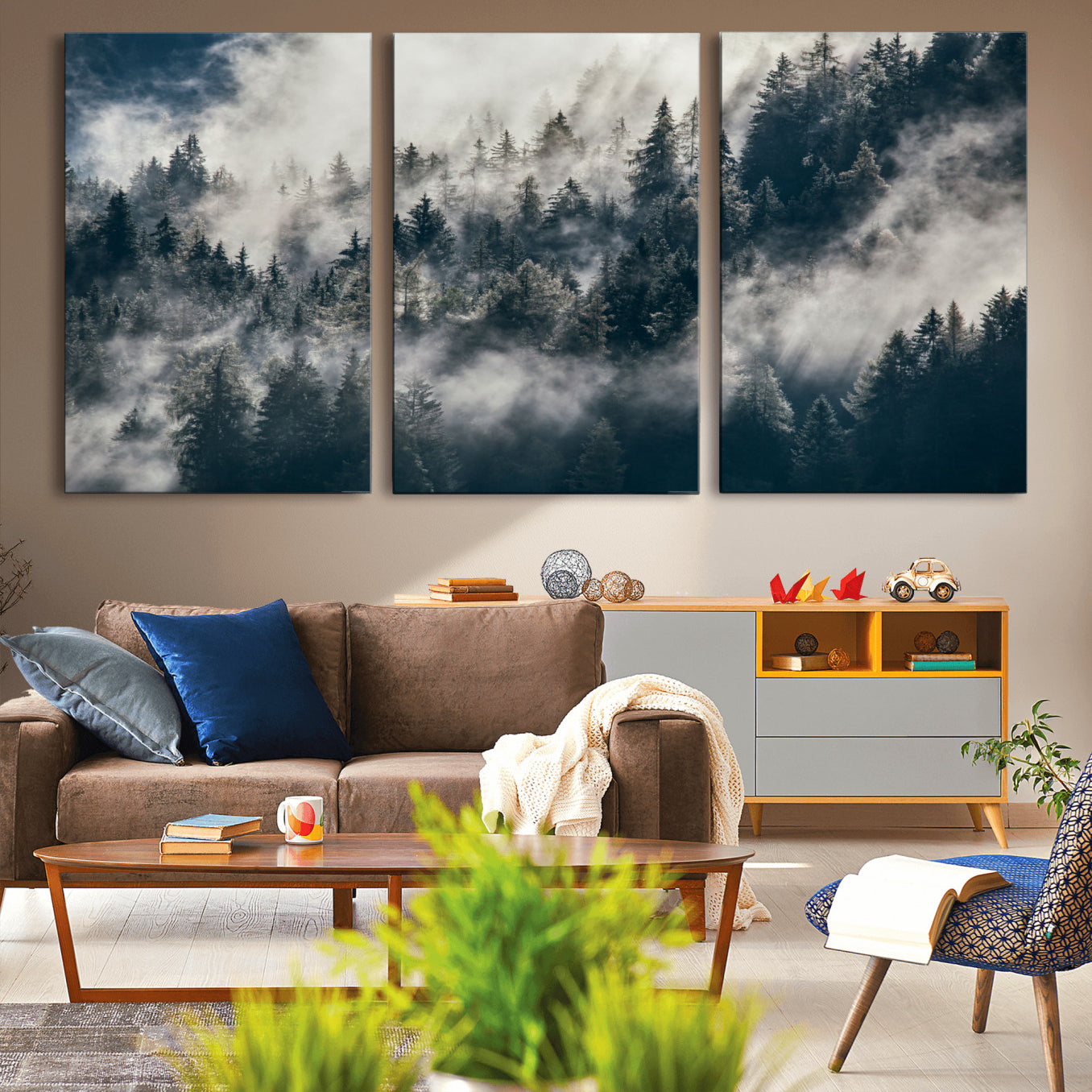 270372951-MGV-CV-60X30-3P - Misty Pine Forest Canvas Wall Art – Dark Forest Mountaing and Nature Landscape Print, Horizontal Canvas Print