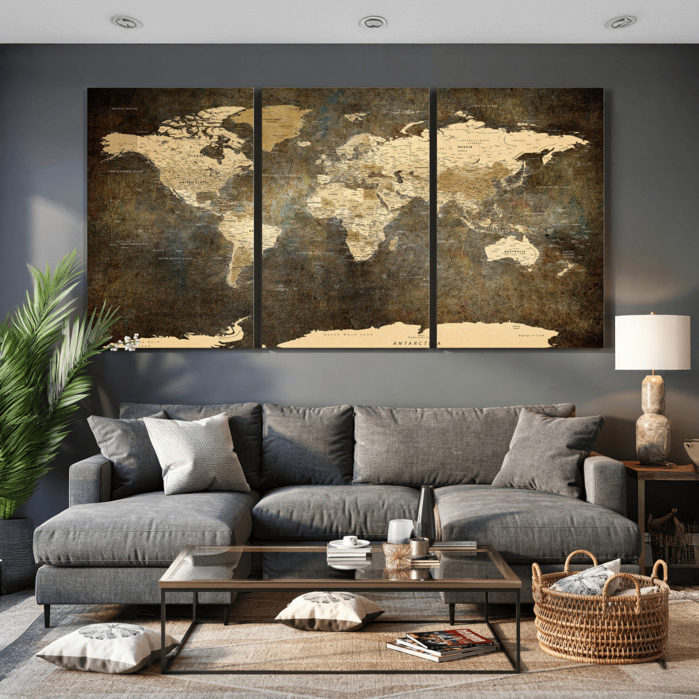 89742472-MGV-CV-36X24 - World Map Wall Art Canvas Print, Modern Decorative Framed Map Artwork Prints for Living Room, Office, Bedroom Wall Decor