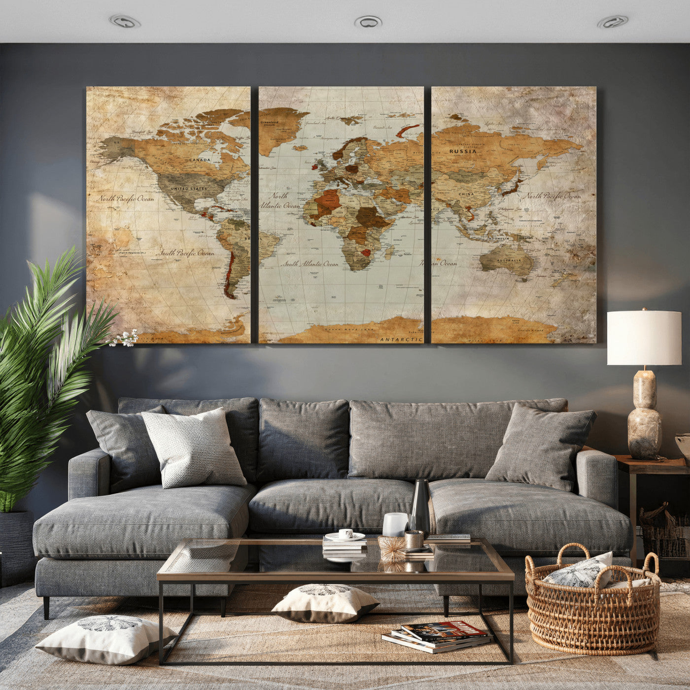 74176056-MGV-CV-36X24 - World Map Wall Art Canvas Print, Modern Decorative Framed Map Artwork Prints for Living Room, Office, Bedroom Wall Decor