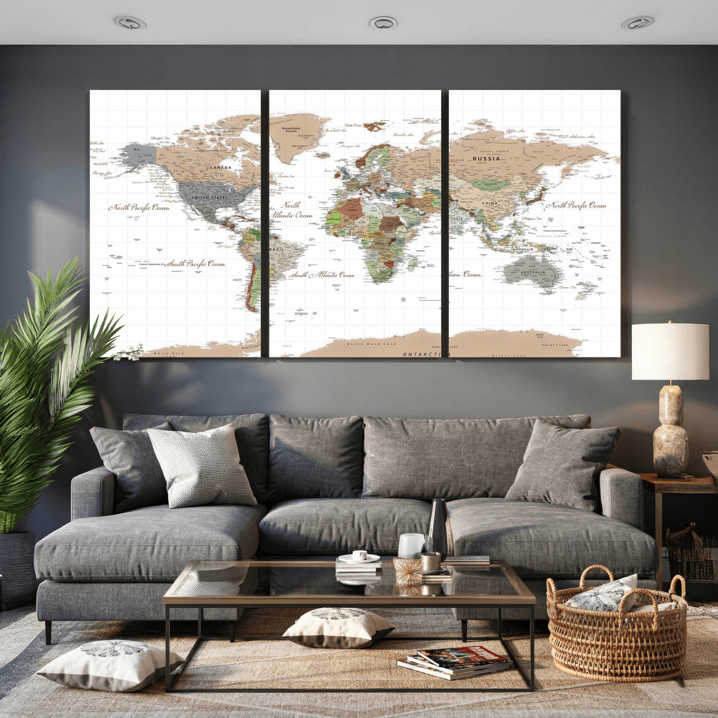 91286788-MGV-CV-36X24 - World Map Wall Art Canvas Print, Modern Decorative Framed Map Artwork Prints for Living Room, Office, Bedroom Wall Decor