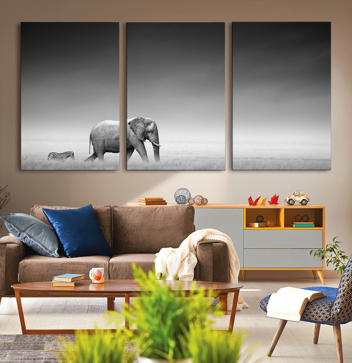 87639-MGV-CV-36X24-Elephand and Zebra Wall Art Canvas Print, Modern Artwork