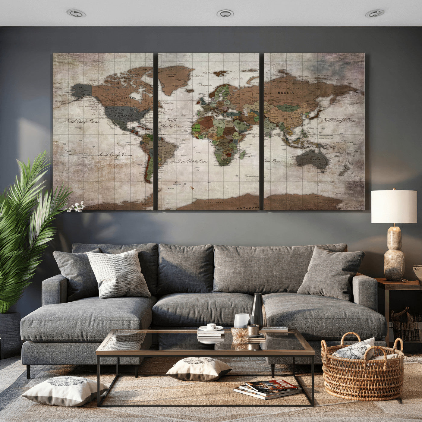 65393892-MGV-CV-36X24 - World Map Wall Art Canvas Print, Modern Decorative Framed Map Artwork Prints for Living Room, Office, Bedroom Wall Decor