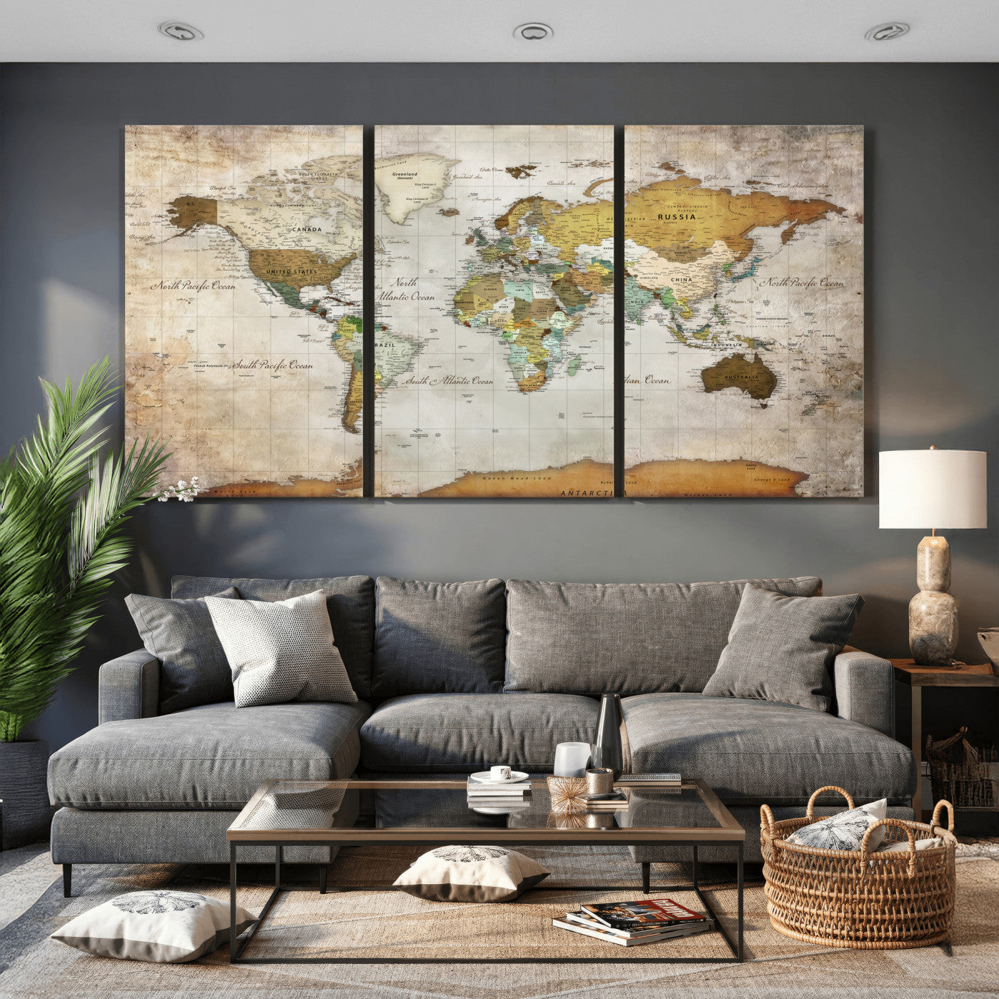 86108417-MGV-CV-36X24 - World Map Wall Art Canvas Print, Modern Decorative Framed Map Artwork Prints for Living Room, Office, Bedroom Wall Decor