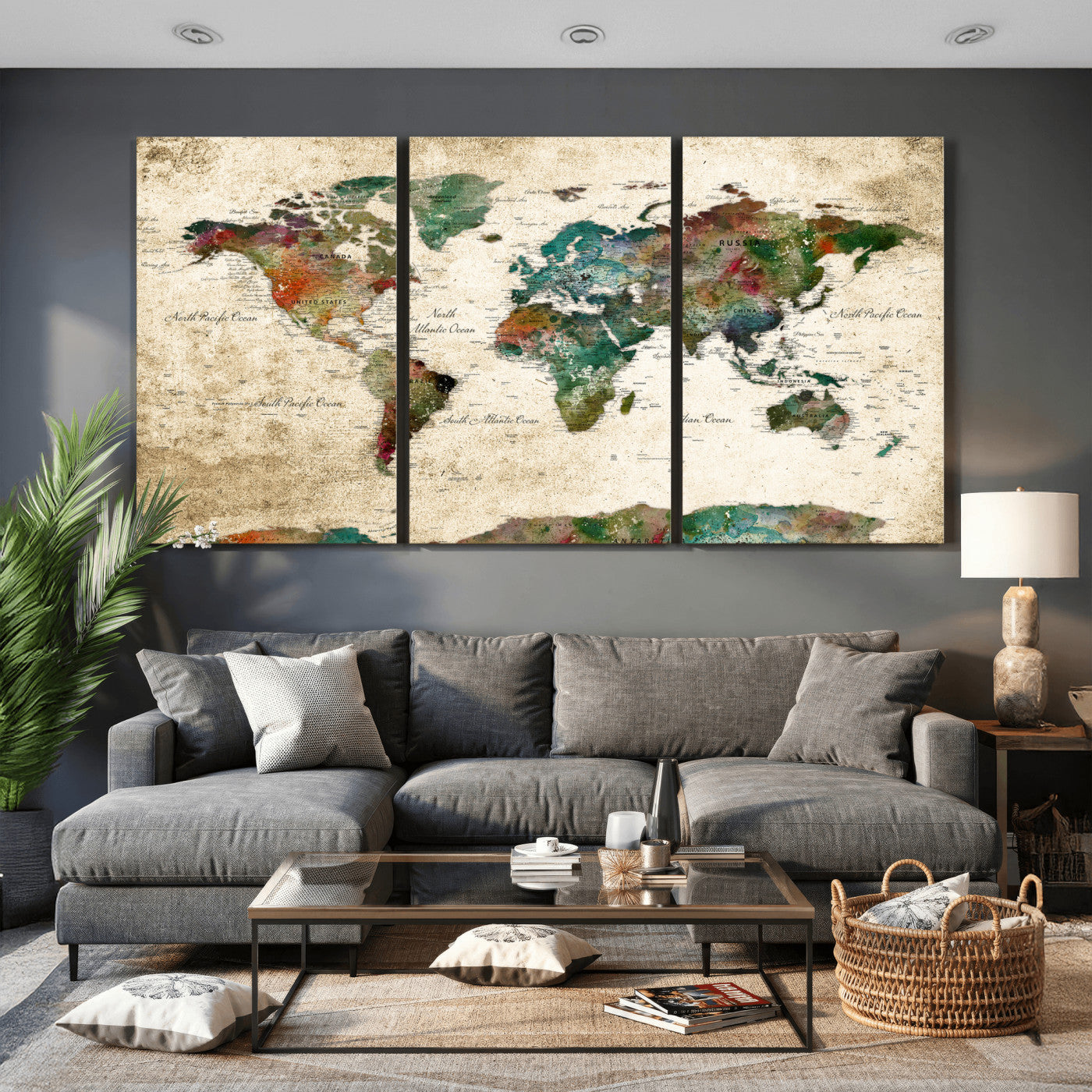 87544591-MGV-CV-36X24 - World Map Wall Art Canvas Print, Modern Decorative Framed Map Artwork Prints for Living Room, Office, Bedroom Wall Decor