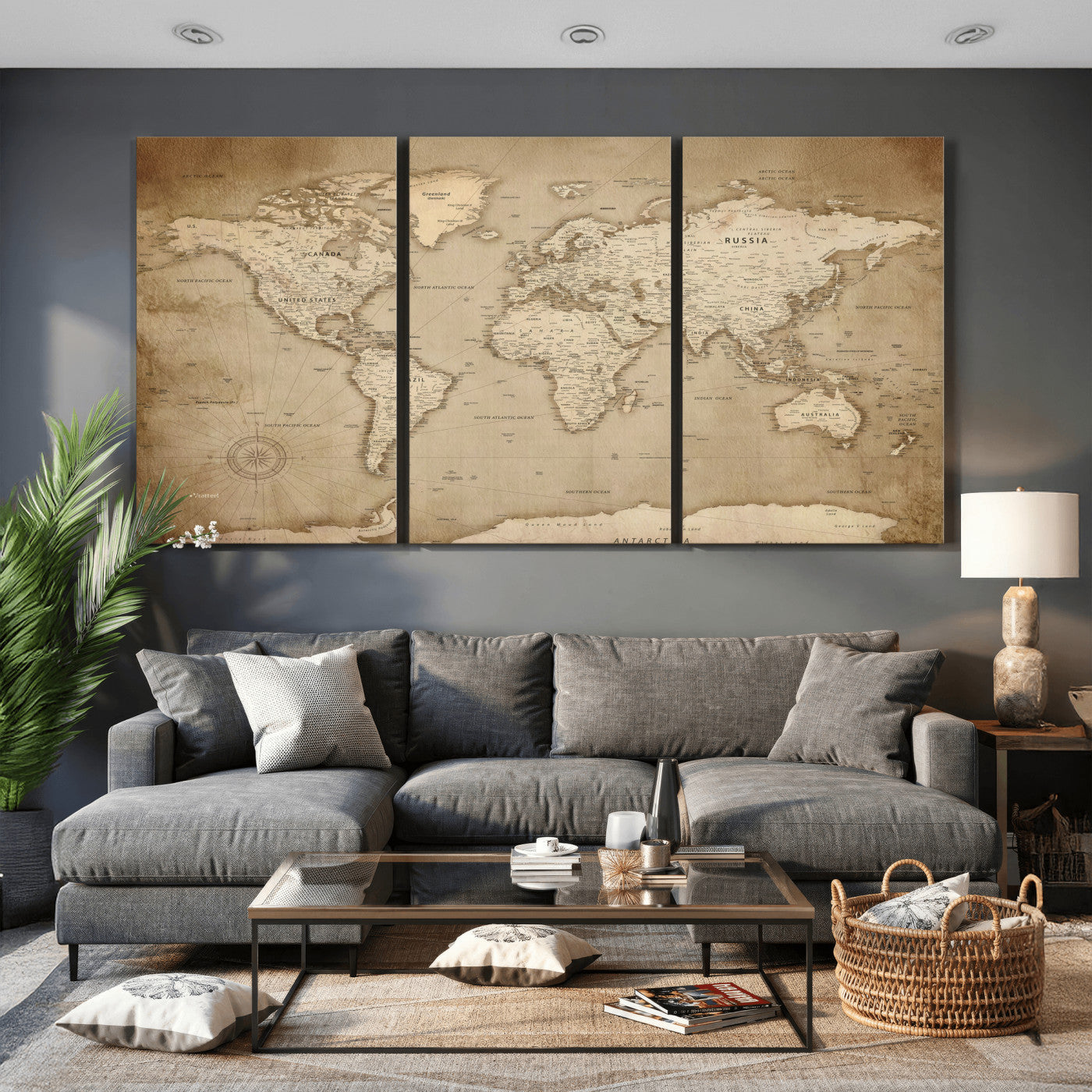34795134-MGV-CV-36X24 - World Map Wall Art Canvas Print, Modern Decorative Framed Map Artwork Prints for Living Room, Office, Bedroom Wall Decor