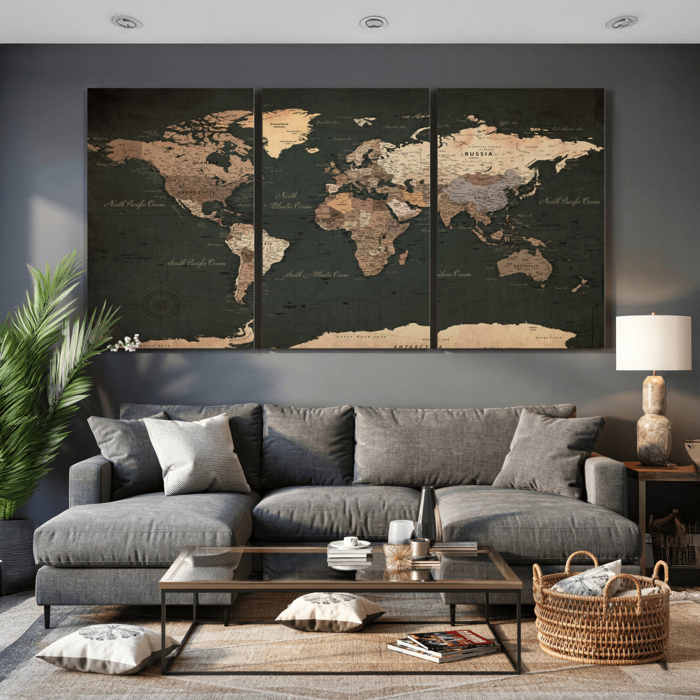 62059333-MGV-CV-36X24 - World Map Wall Art Canvas Print, Modern Decorative Framed Map Artwork Prints for Living Room, Office, Bedroom Wall Decor