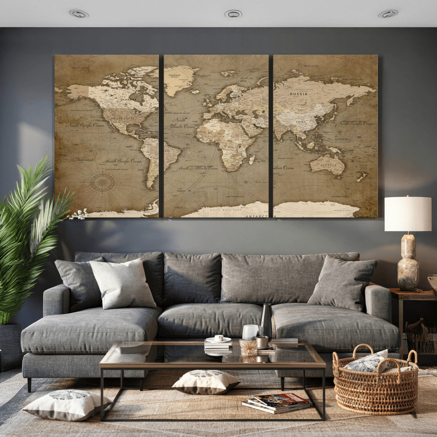 82314635-MGV-CV-36X24 - World Map Wall Art Canvas Print, Modern Decorative Framed Map Artwork Prints for Living Room, Office, Bedroom Wall Decor