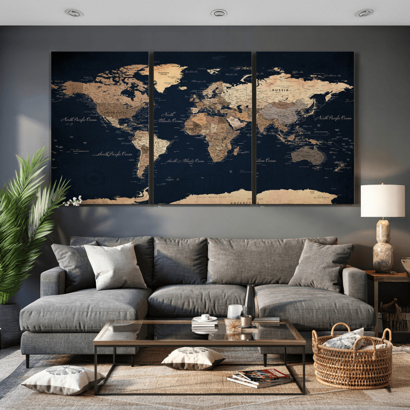 53971530-MGV-CV-36X24 - World Map Wall Art Canvas Print, Modern Decorative Framed Map Artwork Prints for Living Room, Office, Bedroom Wall Decor