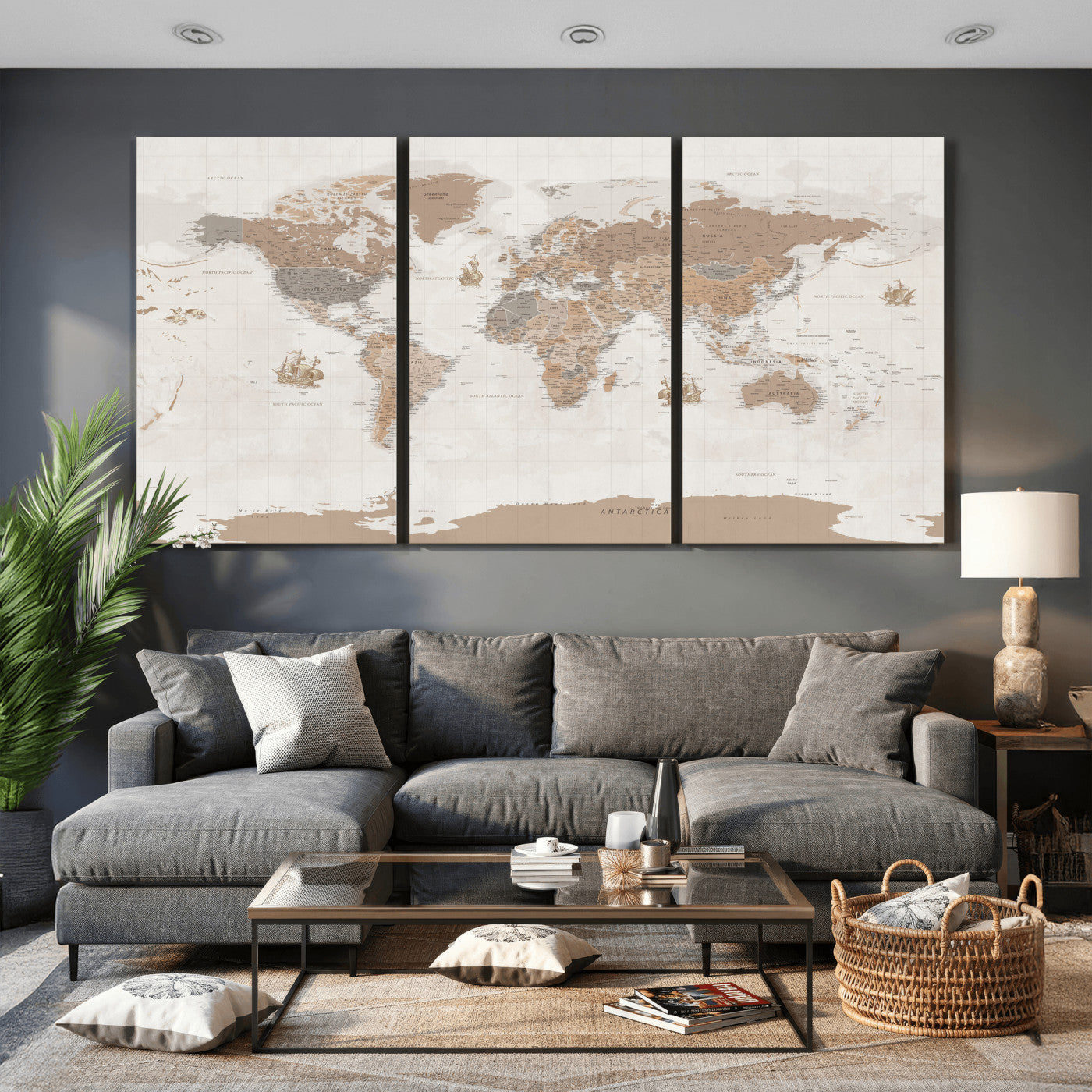 85057279-MGV-CV-36X24 - World Map Wall Art Canvas Print, Modern Decorative Framed Map Artwork Prints for Living Room, Office, Bedroom Wall Decor