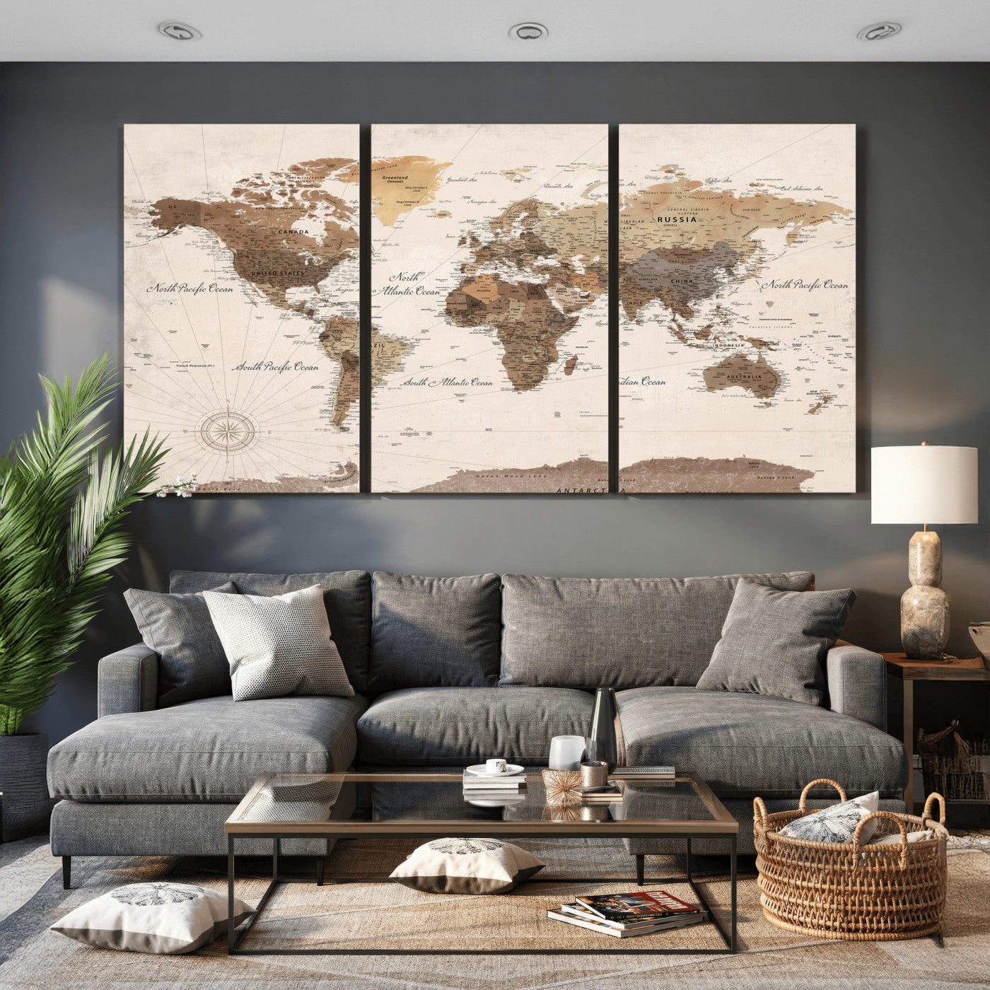69860078-MGV-CV-36X24 - World Map Wall Art Canvas Print, Modern Decorative Framed Map Artwork Prints for Living Room, Office, Bedroom Wall Decor