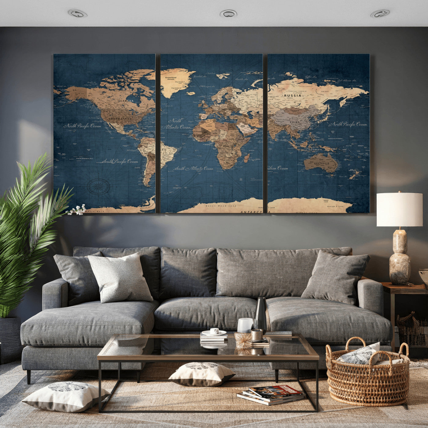 69886352-MGV-CV-36X24 - World Map Wall Art Canvas Print, Modern Decorative Framed Map Artwork Prints for Living Room, Office, Bedroom Wall Decor