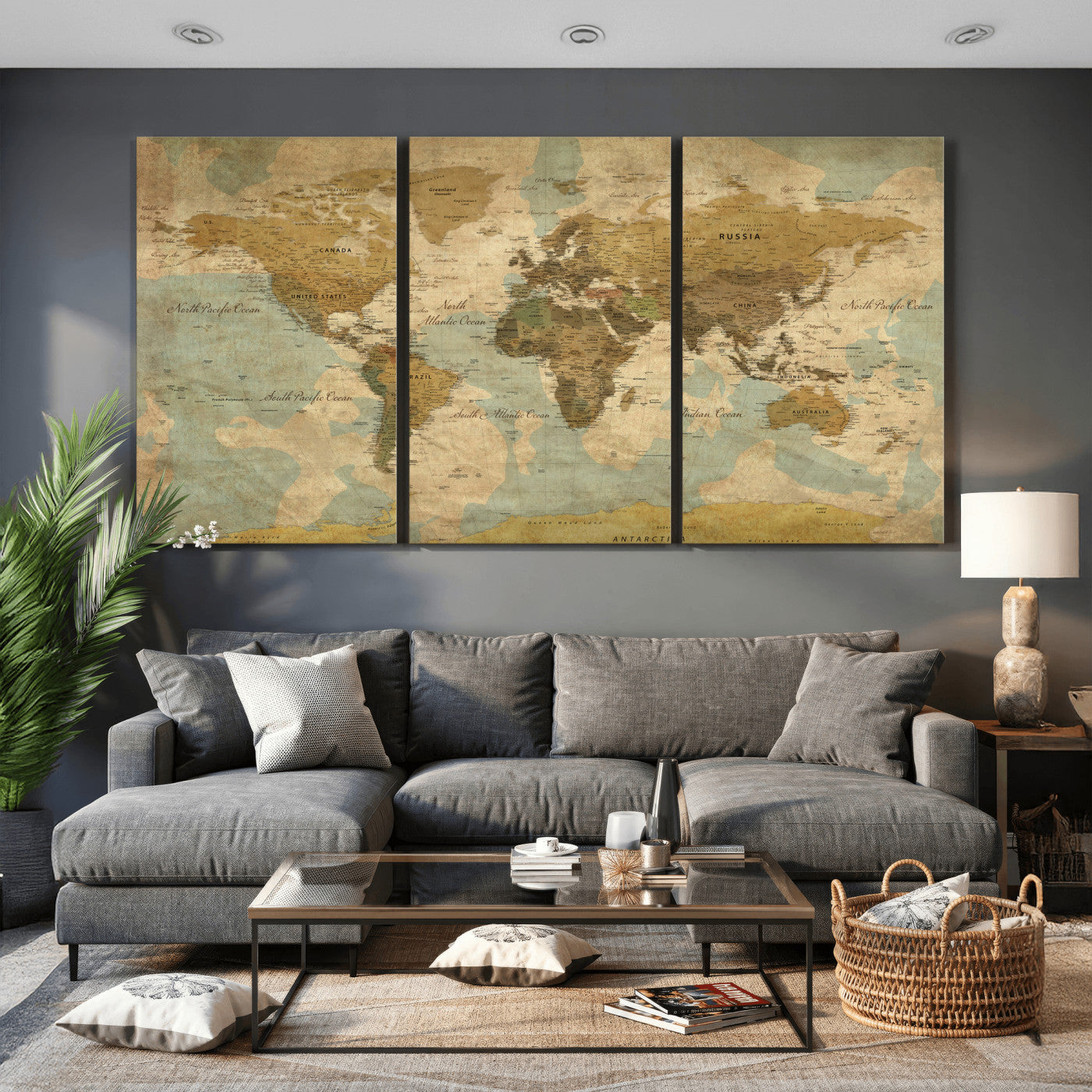 89356927-MGV-CV-36X24 - World Map Wall Art Canvas Print, Modern Decorative Framed Map Artwork Prints for Living Room, Office, Bedroom Wall Decor