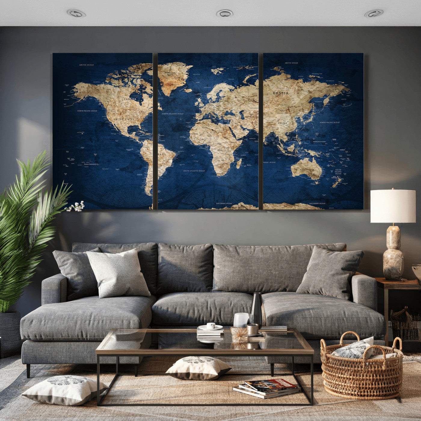 57503519-MGV-CV-36X24 - World Map Wall Art Canvas Print, Modern Decorative Framed Map Artwork Prints for Living Room, Office, Bedroom Wall Decor
