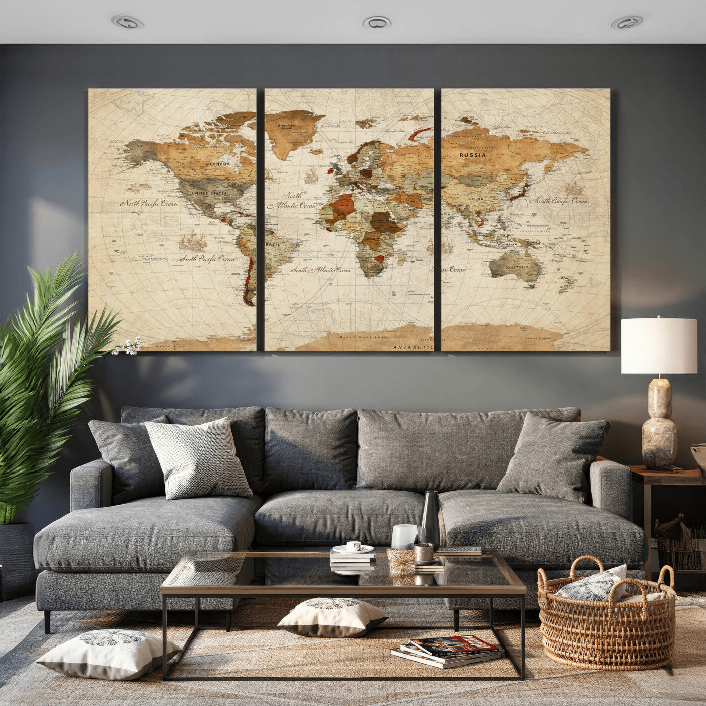 30704397-MGV-CV-36X24 - World Map Wall Art Canvas Print, Modern Decorative Framed Map Artwork Prints for Living Room, Office, Bedroom Wall Decor