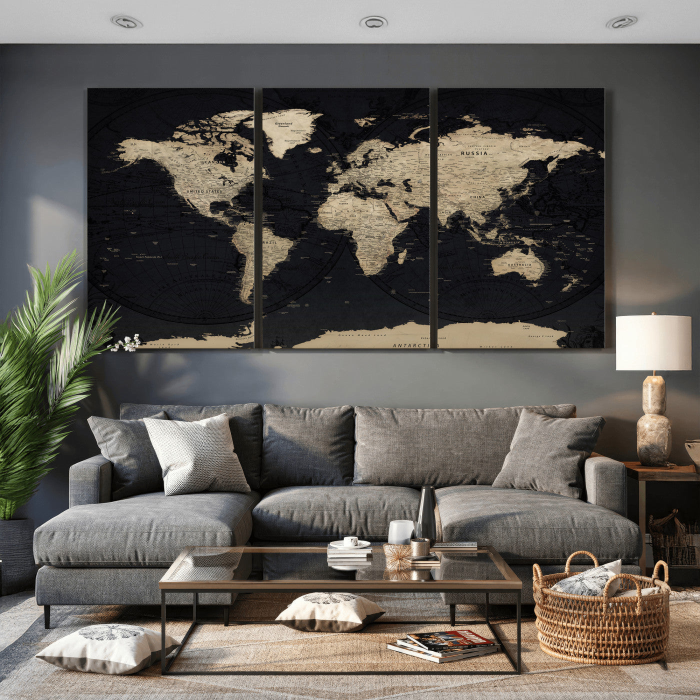 61835687-MGV-CV-36X24 - World Map Wall Art Canvas Print, Modern Decorative Framed Map Artwork Prints for Living Room, Office, Bedroom Wall Decor