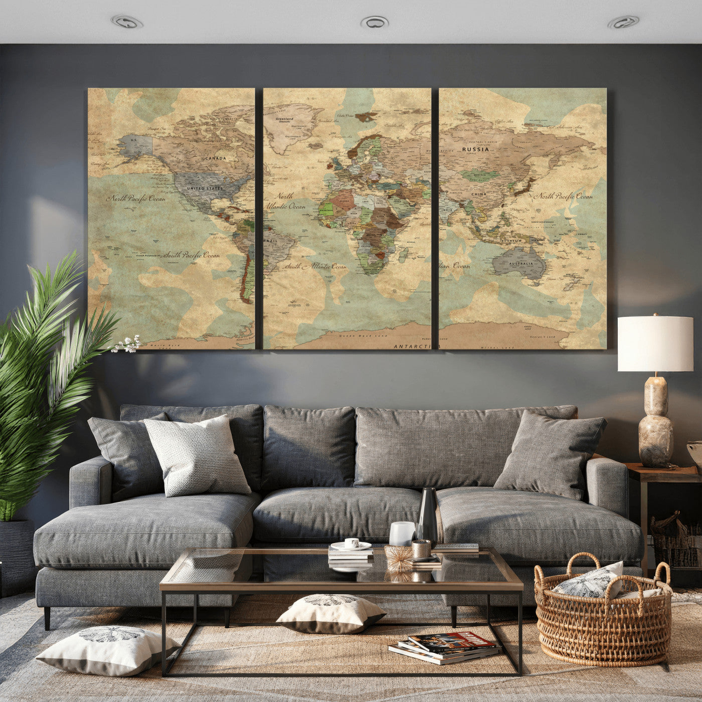 72396478-MGV-CV-36X24 - World Map Wall Art Canvas Print, Modern Decorative Framed Map Artwork Prints for Living Room, Office, Bedroom Wall Decor