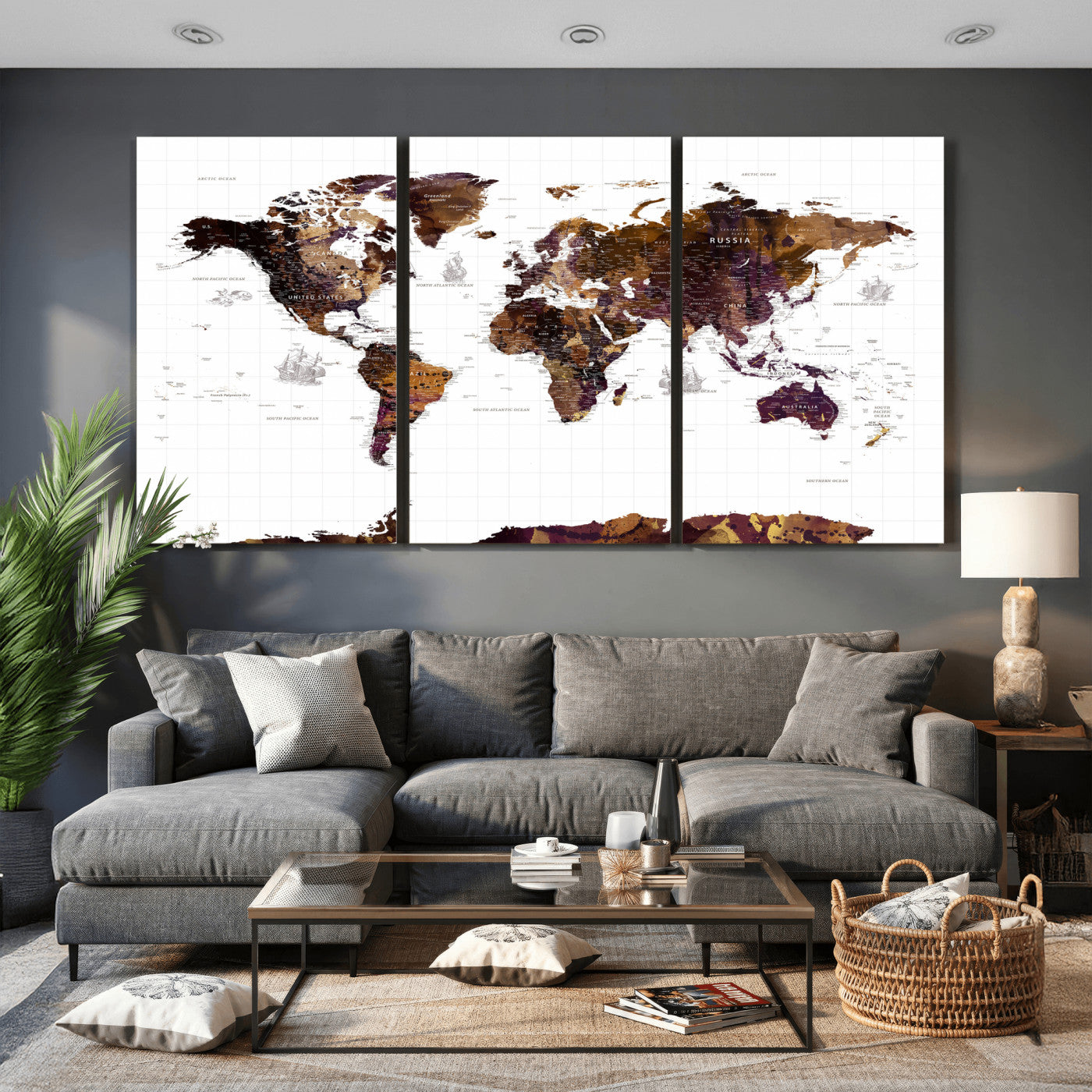 34792695-MGV-CV-36X24 - World Map Wall Art Canvas Print, Modern Decorative Framed Map Artwork Prints for Living Room, Office, Bedroom Wall Decor