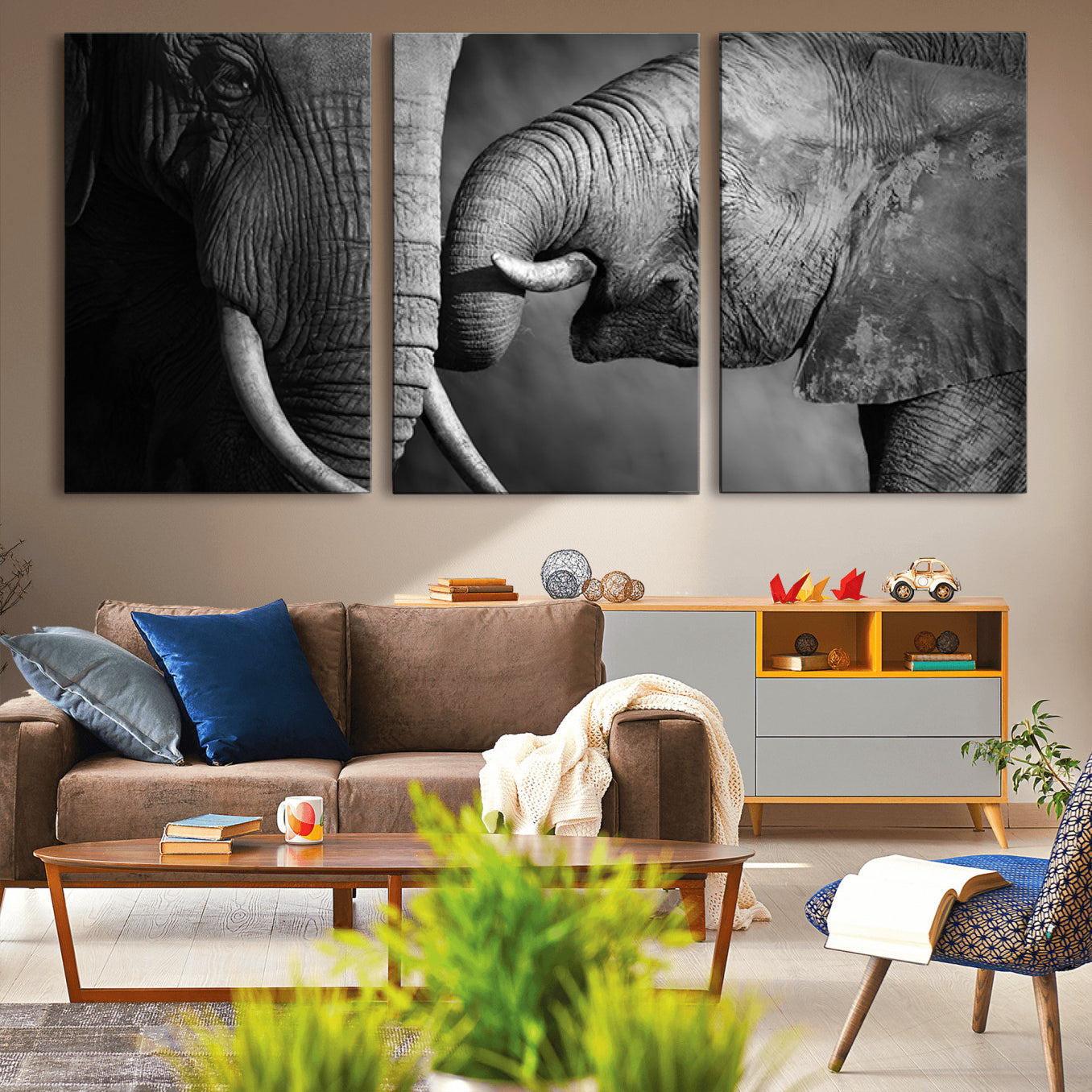 -Elephant Family Wall Art Canvas, Framed Elephant Family Canvas Print