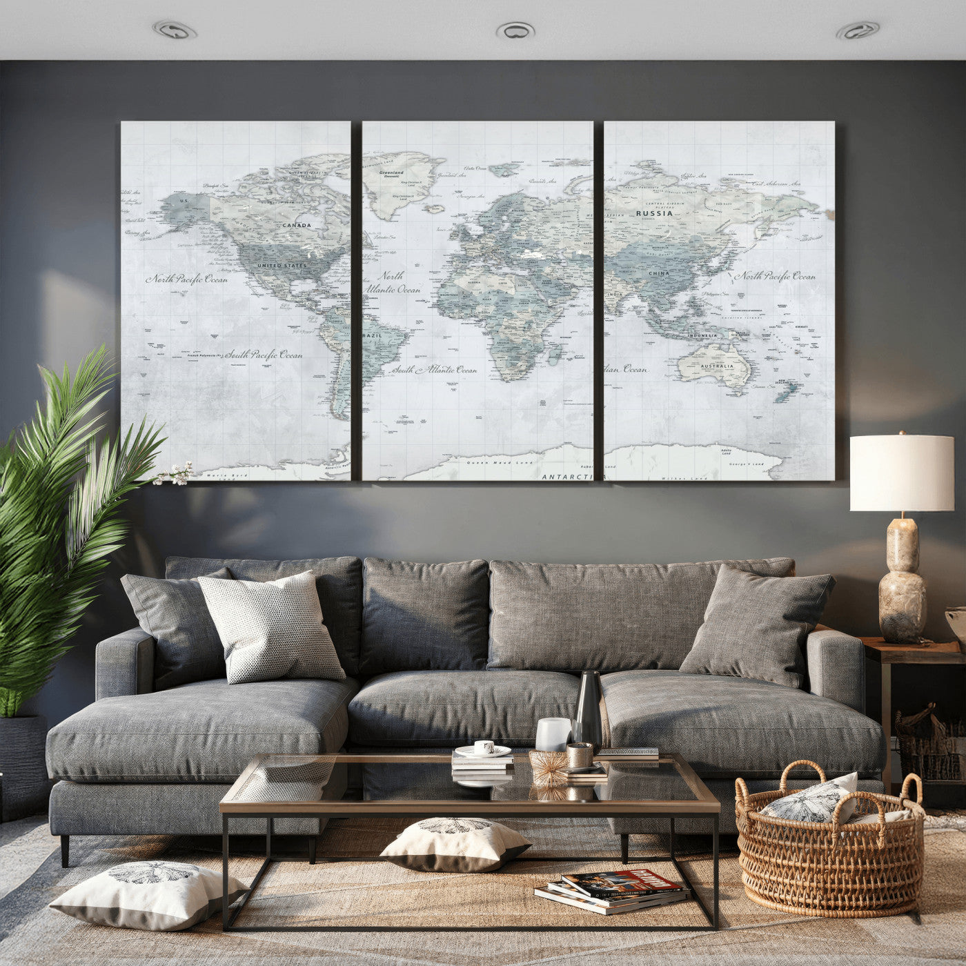 71091917-MGV-CV-36X24 - World Map Wall Art Canvas Print, Modern Decorative Framed Map Artwork Prints for Living Room, Office, Bedroom Wall Decor