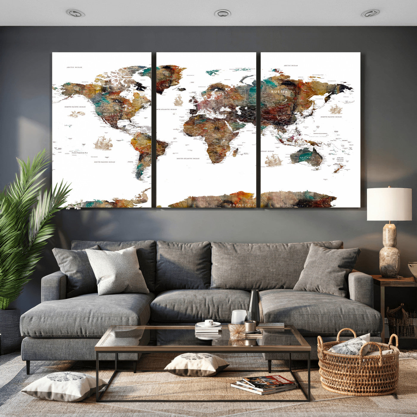 82293175-MGV-CV-36X24 - World Map Wall Art Canvas Print, Modern Decorative Framed Map Artwork Prints for Living Room, Office, Bedroom Wall Decor